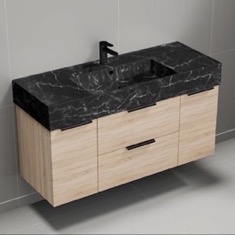 Floating Bathroom Vanity, Modern, 48 inch, Black Marble Style Sink